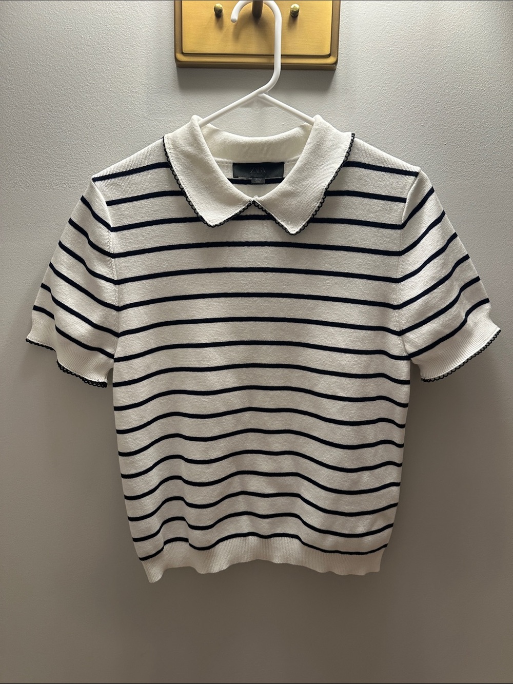 Zara White Short-Sleeve Polo Knit with Black Stripes